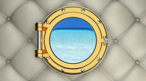 3D animation of turquoise sea view through the porthole of luxurious yacht Stock-Footage 65367183