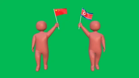 3D animation of two characters holding flags of China and North Korea Stock Footage 316372369