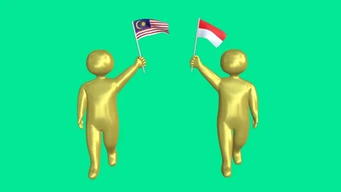 3D animation of two golden characters holding flags of Indonesia and Malaysia Stock Footage 316372011