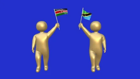 3D animation of two golden characters holding flags of Kenya and Tanzania Stock Footage 316372312