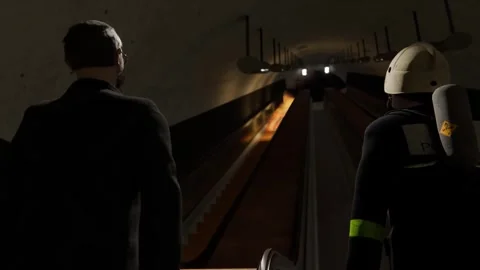 3D animation of two men observing an escalator fire from a distance Stock Footage 328781839