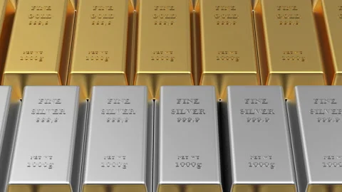3D animation of two rows of gold and silver bars Stock Footage 142473998