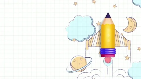 3d animation vector yellow pencil with rocket theme flying on paper Stock Footage 243429994