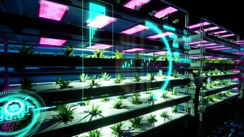 3d animation of vertical farm in bio agriculture. Modern shelfs with plants, Stock Footage 303207290