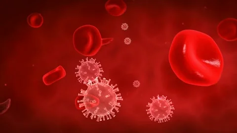 3d animation of viruses and red blood cells in human bloodstream Stockbeeldmateriaal 335825554