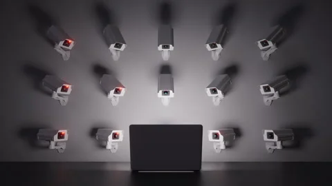 3d animation. Wall-mounted security cameras rotate and start recording Stock Footage 284373715