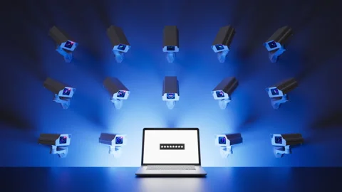 3d animation. Wall-mounted security cameras rotate and start recording Stock Footage 290926772