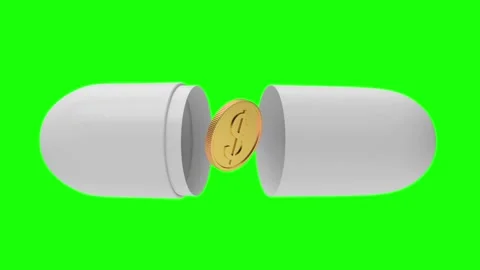 3D animation of a white capsule opening with a coin on a green screen Video stock 333122812