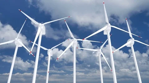 3D animation of the wind farm against blue cloudy sky Video stock 71053745