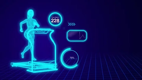 3D animation of a wireframe girl running on a treadmill with virtual icons in 4K Stock Footage 293201220