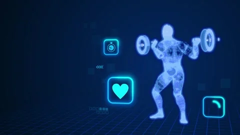 3D animation of a wireframe man squatting with a barbell against virtual icons Stock Footage 293201186