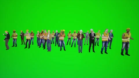 3D animation of workers' protests standing in front of the Chromaki green screen Stock Footage 246416350