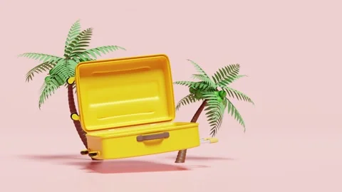 3d animation, yellow open suitcase empty with palm tree isolated on blue back Stock Footage 212380353