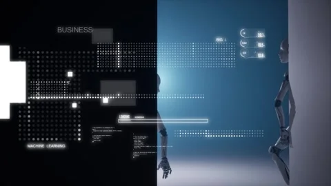 3D animations of Artificial intelligence robots look and spy from corner Video stock 334462999