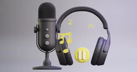 3d   animations of the play button with headphones and microphone, notes Stock Footage 201102687