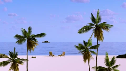 3D animation/texture of a beach with palm trees, a yach 動画素材 339551643