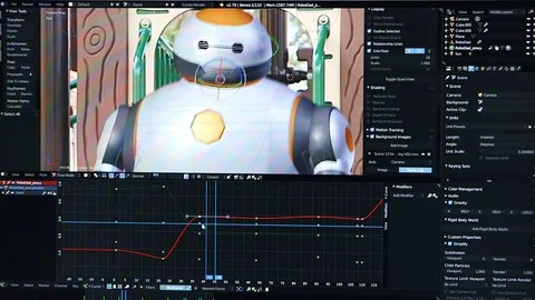 3D Animator Creating Scene with Robot in Software Vídeo Stock 83946776