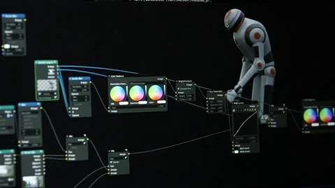 3D Animator Creating Scene with Robot in Software Vídeo Stock 83946794