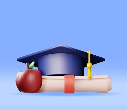 3D Apple Certificate with Stamp and Graduation Cap Stockillustratie