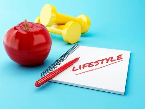 3D Apple with a notepad and dumbbell. Stock Illustration