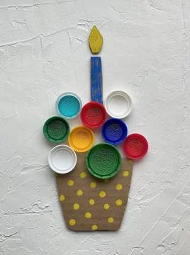 3d application training made of recycled cardboard and plastic lids, cake Stock Photos