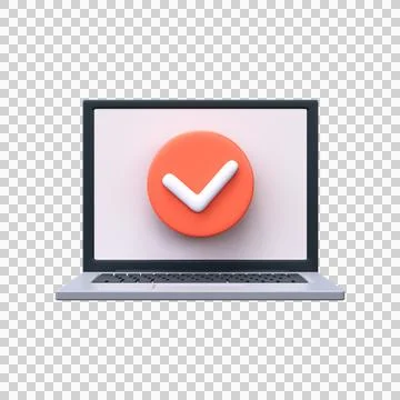 3D Approval or Successful Completion Sign. Round red check mark on laptop scr Stock Illustration