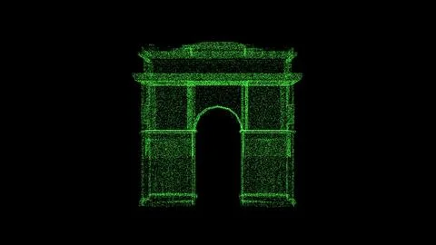 3D Arc de Triomphe on black background. Object consisting of green flickering Ilustração Stock
