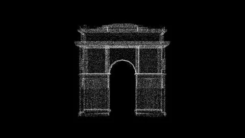 3D Arc de Triomphe on black background. Object consisting of white flickeri.. Stockillustratie
