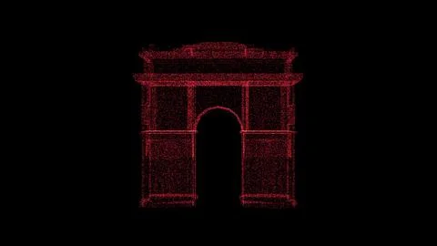 3D Arc de Triomphe on black background. Object consisting of red flickering p Illustrazione stock