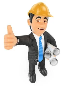3D Architect with the thumb up and plans Stock Illustration