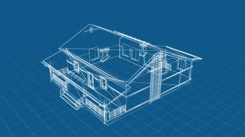 3D Architectural Blueprint House Design on Blue Grid Background 库存影片 334590130