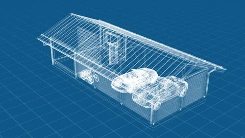 3D Architectural Blueprint of a Modern Garage with Vehicles on a Blue Grid .. Stock Footage 344721007