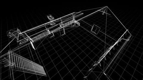 3D Architectural Blueprint of Modern House Design in Monochrome Wireframe Vie Stock Footage 344727910