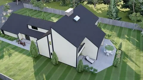 3D Architectural Rendering of a Modern Suburban House with Landscaped Lawn Stock Illustration
