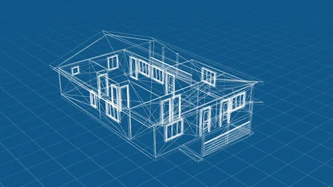 3D Architectural Wireframe Blueprint Visualization: Virtual House Design Stock Footage 344717194