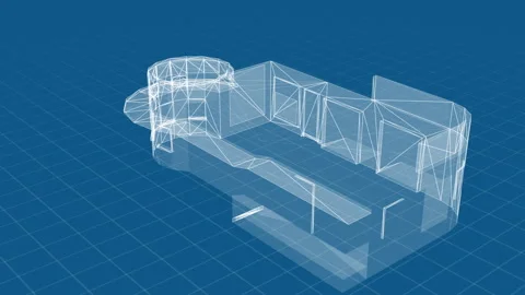 3D Architectural Wireframe Design on Blue Grid Background 库存影片 334589420