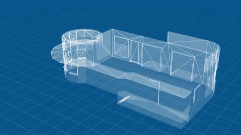 3D Architectural Wireframe Design on Blue Grid Background Stock Illustration