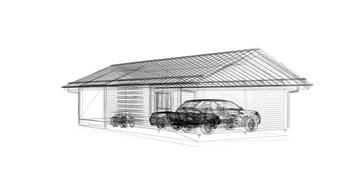 3D Architectural Wireframe Model of Carport with Cars and Bicycle Stock Footage 344720250