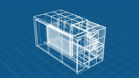 3D Architectural Wireframe Visualization of Modern Structure Design Blueprint Stock Footage 344726949