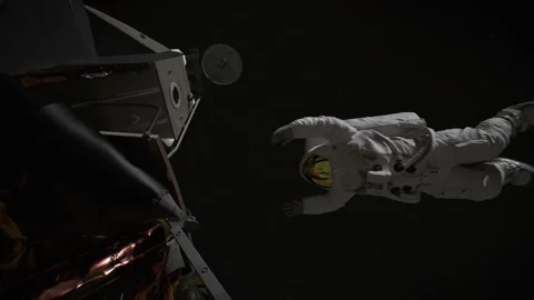 3D Armstrong astronaut on Project Apollo flies to the door of the lander Stock Footage 289832382