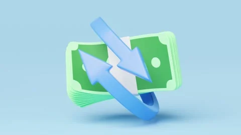 3d Arrow circle icon, bundles cash money float on blue background. Mobile ban Stockbeeldmateriaal 210221563