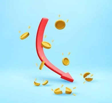 3d arrow down with falling and broken coins Stock Illustration