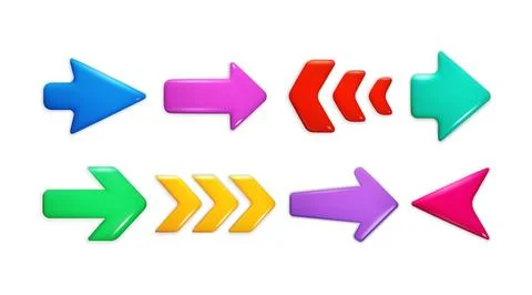 3d arrow. Down, right glass icon or cursor direction, next up or left render Stock Illustration