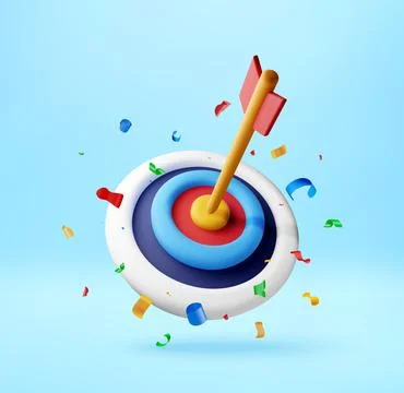 3D Arrow hitting center of target with confetti Stock Illustration
