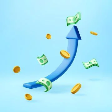 3D arrow pointing upward with banknotes and coins Stock Illustration