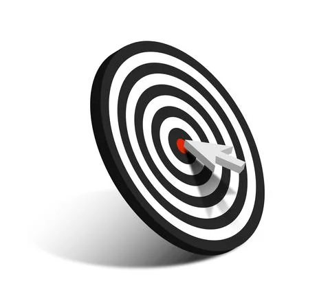 3D arrow points to red center of sports target. Black and white board target Stock-Illustration