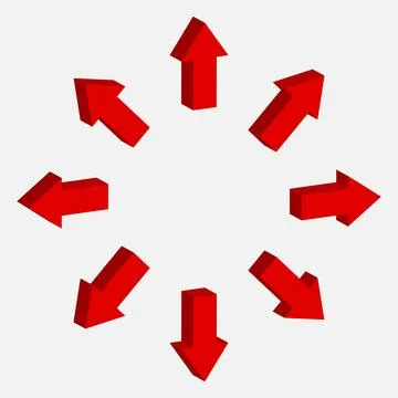 3d arrow sign vector. Right, down, up and down symbol. Red pointer collection Stock Illustration