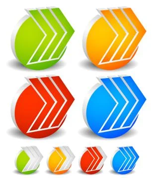 3d arrows with circles. 3 Right arrows. Progress indicator version included f Illustrazione stock