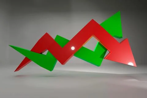 3D arrows of decline and increase symbolizing inflation and deflation, price cha Stock Illustration