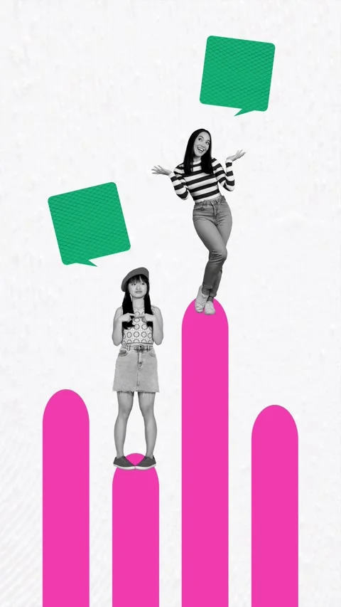 3d art motion collage video of two happy friends girls stand bubble chat phrase Stock Footage 312316416